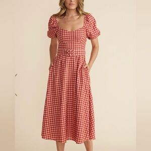 MINKPINK Red Gingham Puff Sleeve Midi Dress